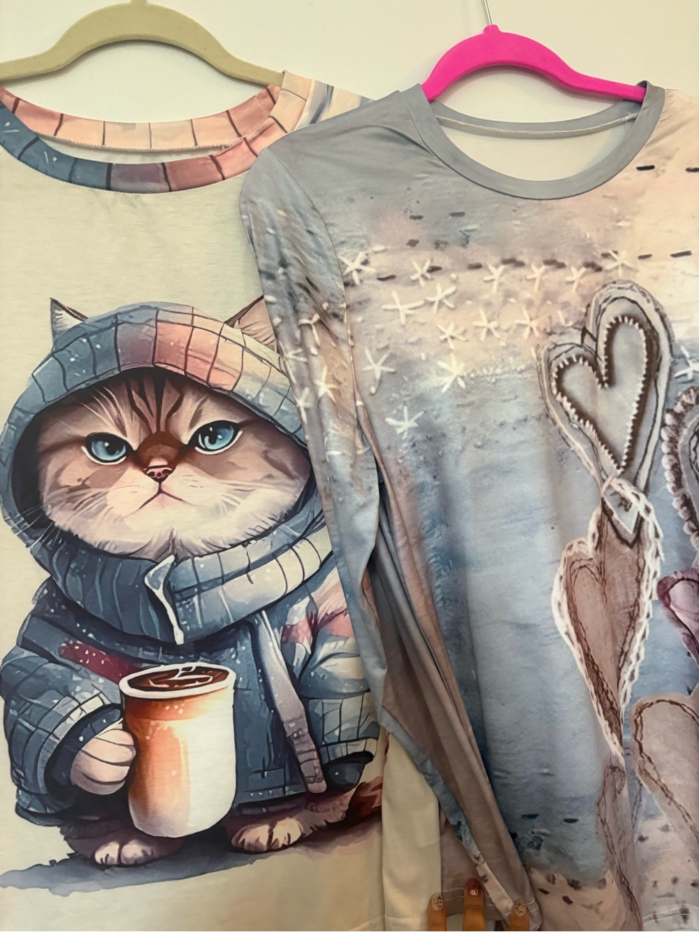 2Cozy Cat Graphic Long Sleeve Top in Soft Blue and Cream and Heart Shape graphic